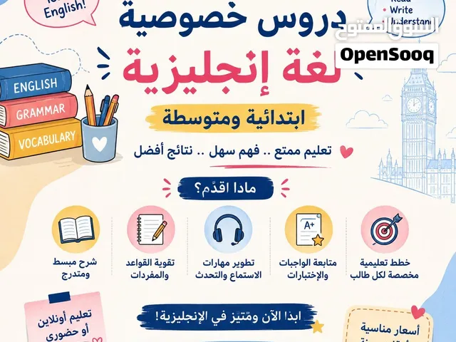 تدريس خصوصي لغة إنكليزية إبتدائية ومتوسطة