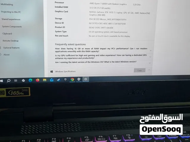 لابتوب acer nitro 5 laptop  , rtx 3070ti , ryzen 7 ,32gb ram ,QHD 165HZ 15.6INC 1TB M.2