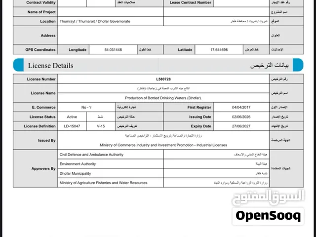 ترخيص مصنع مياه للبيع العاجل