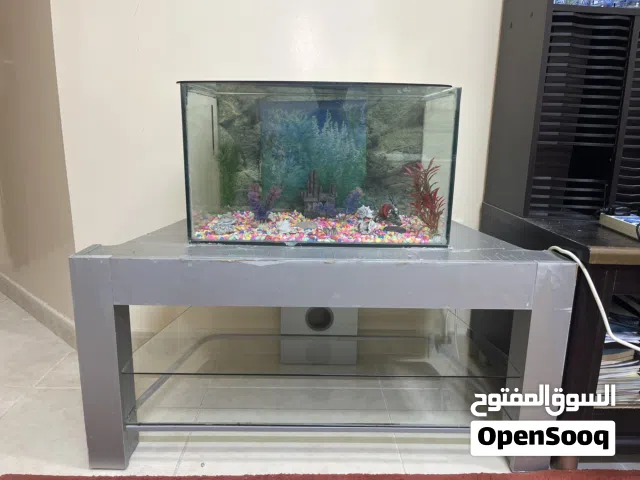 حوض سمك زجاجي مع كامل مستلزماته مع طاولة للبيع بحالة جيدة.
