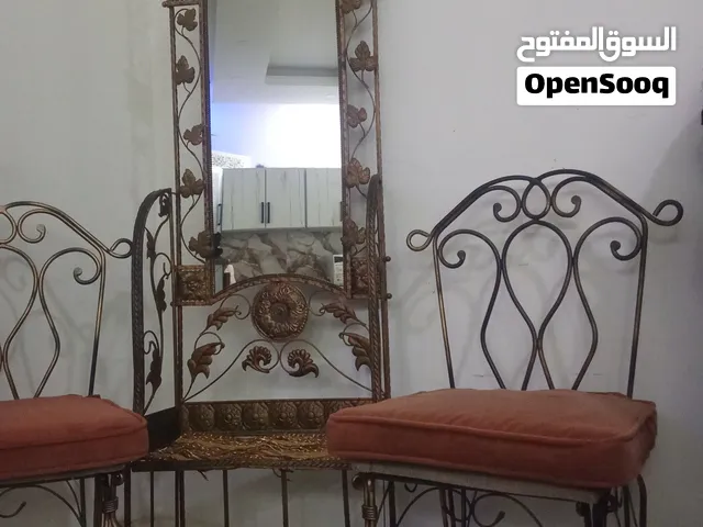 antique brass standing mirror & 2 chairs