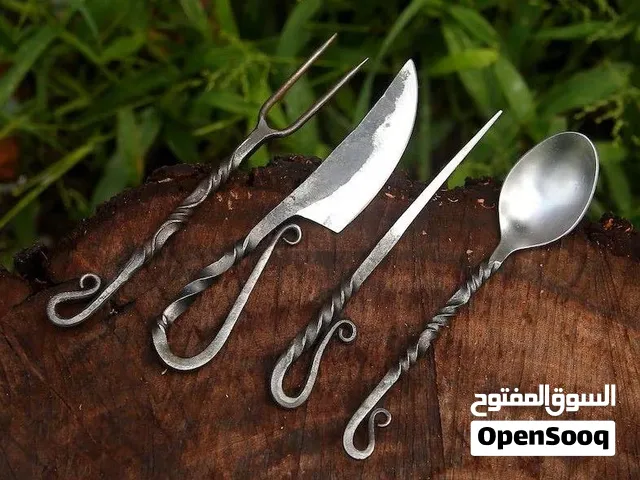 Hand Forged Black Silverware Set with Leather Cover- Medieval 4 Pcs Kitchen Utensils Set, Viking Set