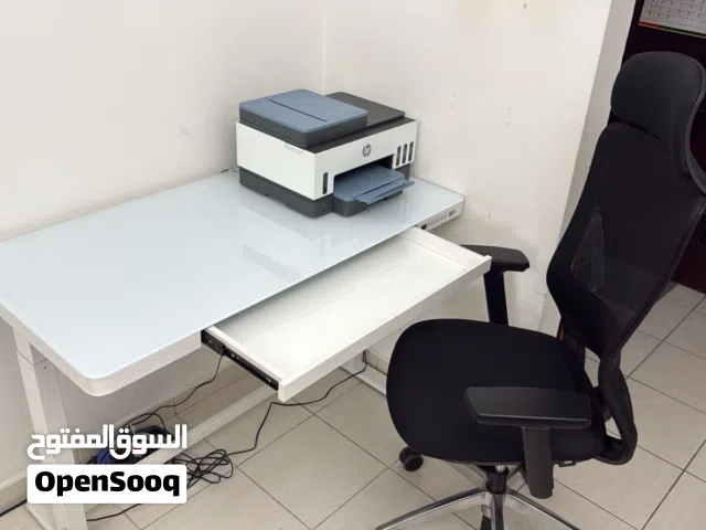 Computer adjustable table, Italian adjustable office chair and HP printer, scanner fax all in one