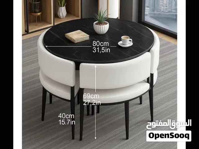 Modern Round Dining Table Set with 4 Chairs – Marble Finish – Space Saving