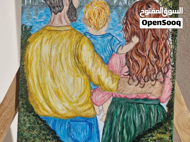 لوحة فنية مرسومة يدويًا بالأكريليك على كانفس تصميم عائلي مع منظر باريس اللوحة أصليه