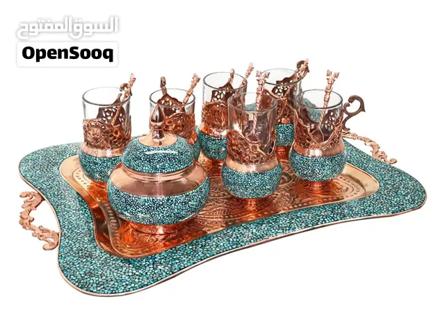 طقم ضيافة وشاي فاخر مطعّم بالفيروز النيشابوري – تحفة من الفن الإيراني الأصيل