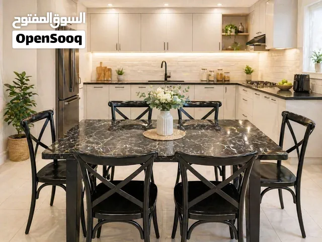 احجز الان ميز طعام 6 كرسي سطح الميز خشب رجل حديد  كرسي عظم عاج  قياس الميز 120*70سم  جاهز للحجز ...
