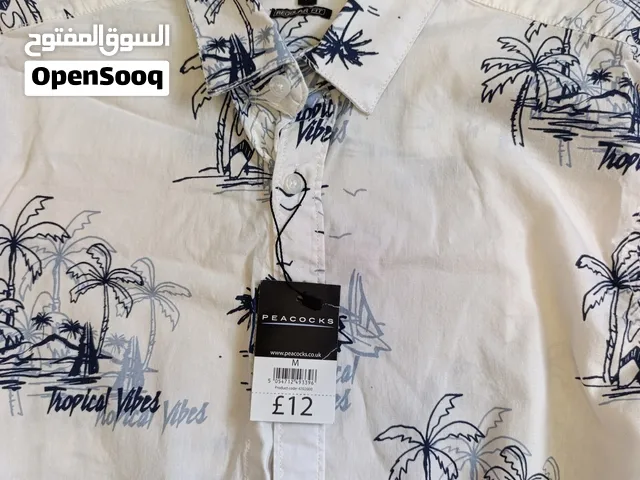 قميص قطني صيفي أبيض مشجر بالأزرق (آخر قطعتين)
