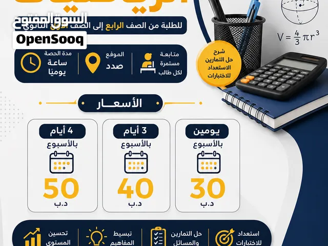 تدريس الرياضيات للصف الرابع الى الاول ثانوي