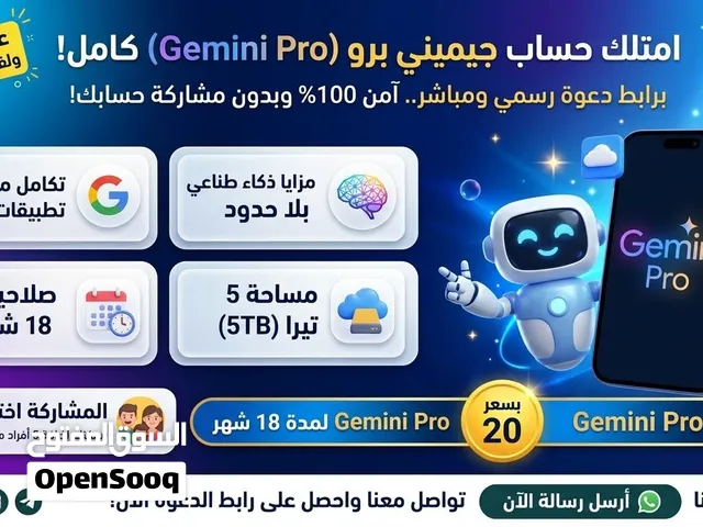 اشتراك جيميني برو (Gemini Pro) لمدة 18 شهر + مساحة 5TB فقط بـ 20 شيكل!