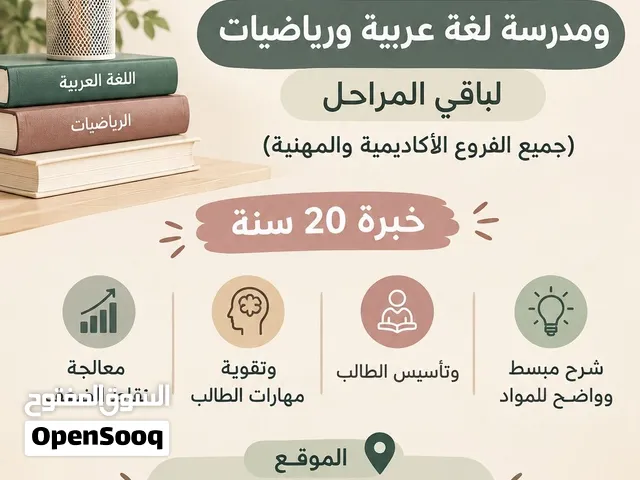 مُدرِسة تأسيس للصفوف الابتدائية والاعدادية وتدريس لغة عربية ورياضيات للمرحلة الثانوية