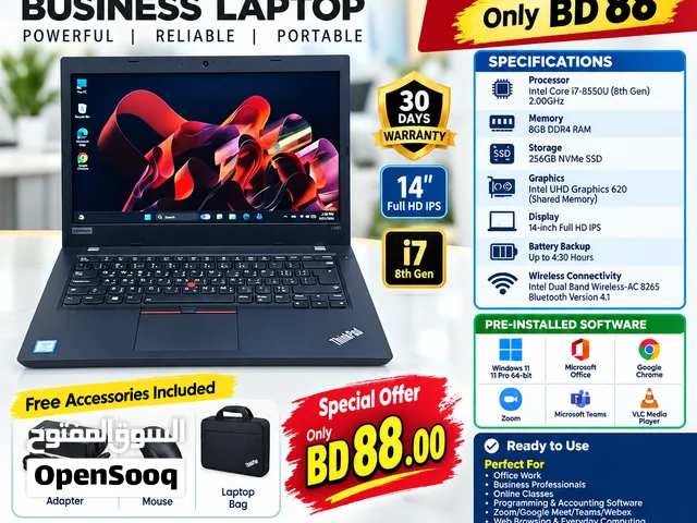 Lenovo Laptop i7 8th Gen DDR4 8GB RAM 256GB SSD 14 Full HD IPS Display Only BD 88