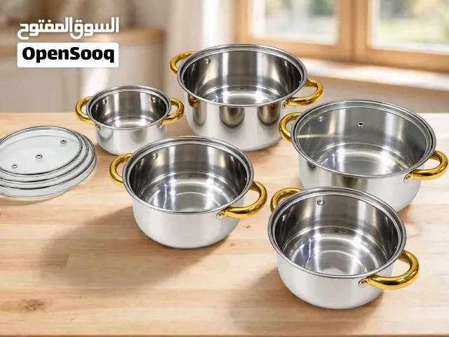 سيت جدورة ستانلس ستيل 5 قدور 10 قطع 16-24 سم غطاء زجاج مقابض ذهبية غاز وكهرباء يحل ازمة طبخ