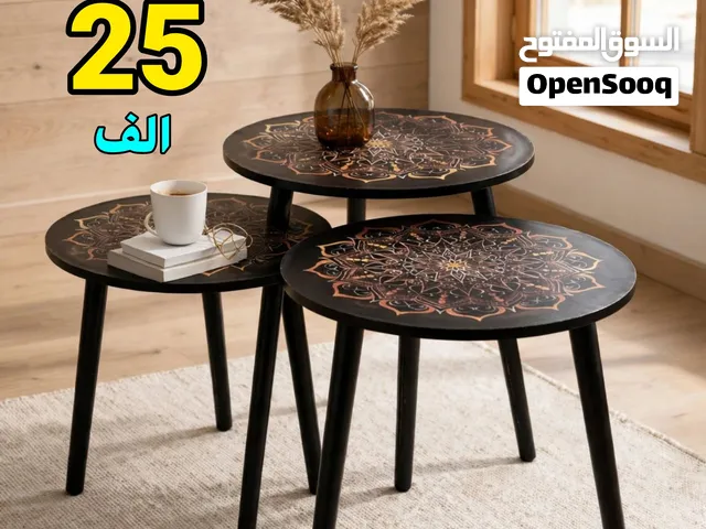 سيت طاولات جانبية دائرية 3 قطع نقشة ماندالا اسود ارجل سوداء احجام مختلفة يحل ازمة ديكور بيتك