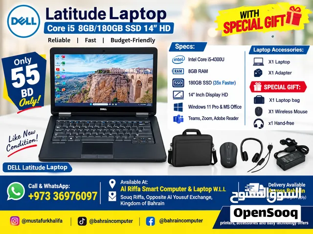 DELL Laptop Core i5 8GB/180GB SSD 14’’ HD Display with Special Gift 55 BD Only