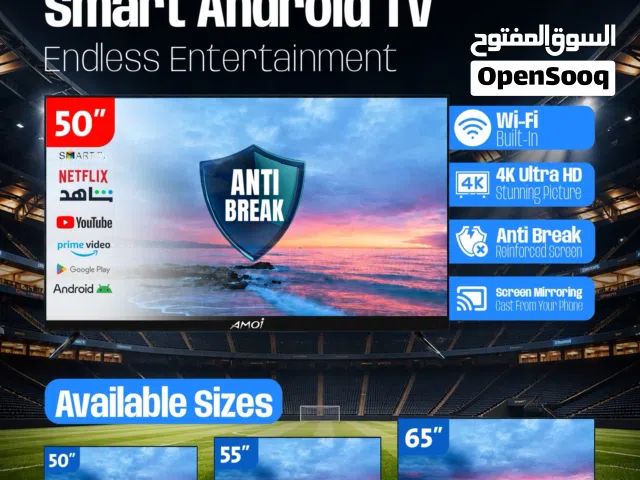 AMOI 50” Smart Android TV  4K Ultra HD  Unbreakable Screen  Available in 50”, 55” 65” Sizes