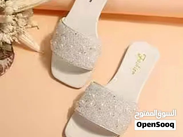 Elegant Pearl & Rhinestone Flat Slides - White Square Toe Sandals