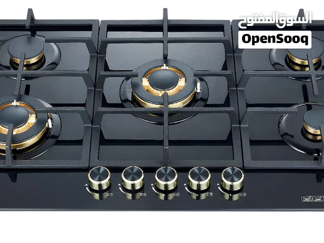طباخ GAG-99BS – طباخ غاز 5 شعلات مع لوح زجاجي أسود مقوى ومقابض ذهبية