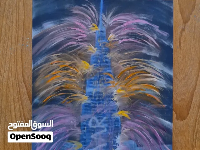 Burj Khalifa Fireworks Oil Painting - 8 x 10 in