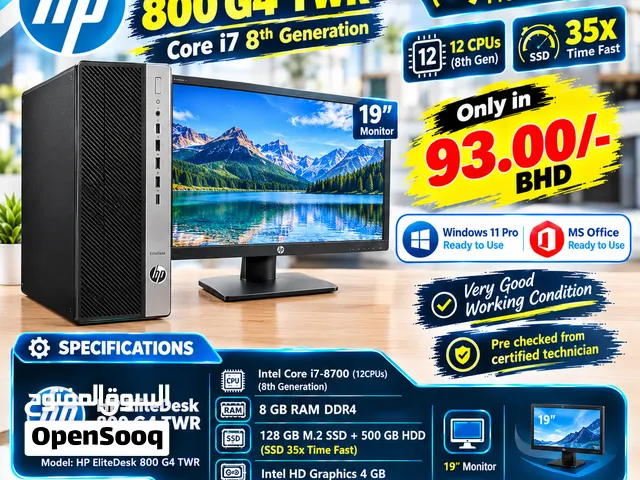 HP Core i7 8th Gen PC 3.2GHz (12CPUs) RAM 8GB SSD 35x Time Fast 19 Monitor Ready To Use