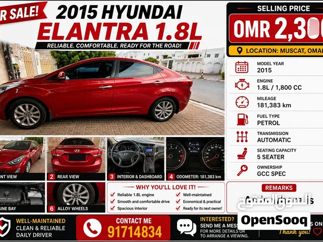 2015 Hyundai Elantra GLS Sedan for Sale - GCC Specs, Excellent Condition