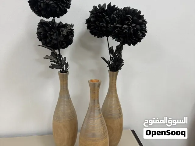 Set of 3 Decorative Wooden Vases with Black Artificial Flowers