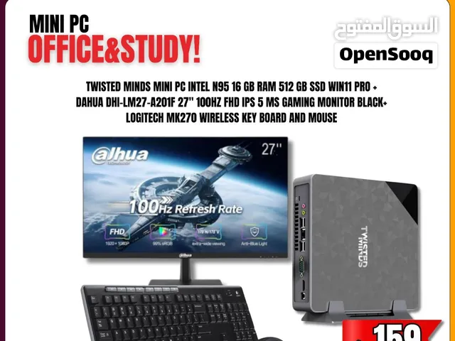 Mini PC Bundle – Intel N95,16GB RAM,512GB SSD,Win11 Pro with 100Hz FHD Monitor& & keyboard & Mouse